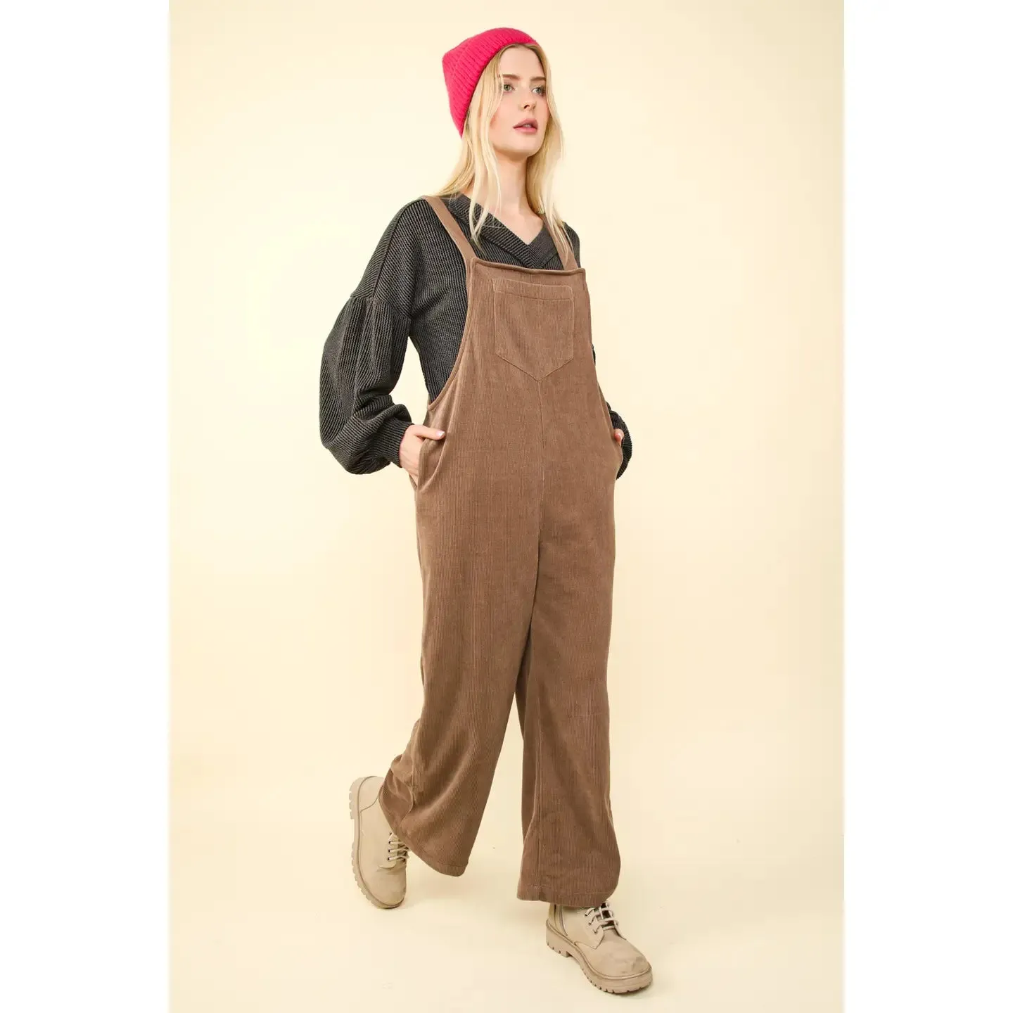 Taupe Soft Corduroy Straight Leg Overall Jumpsuit