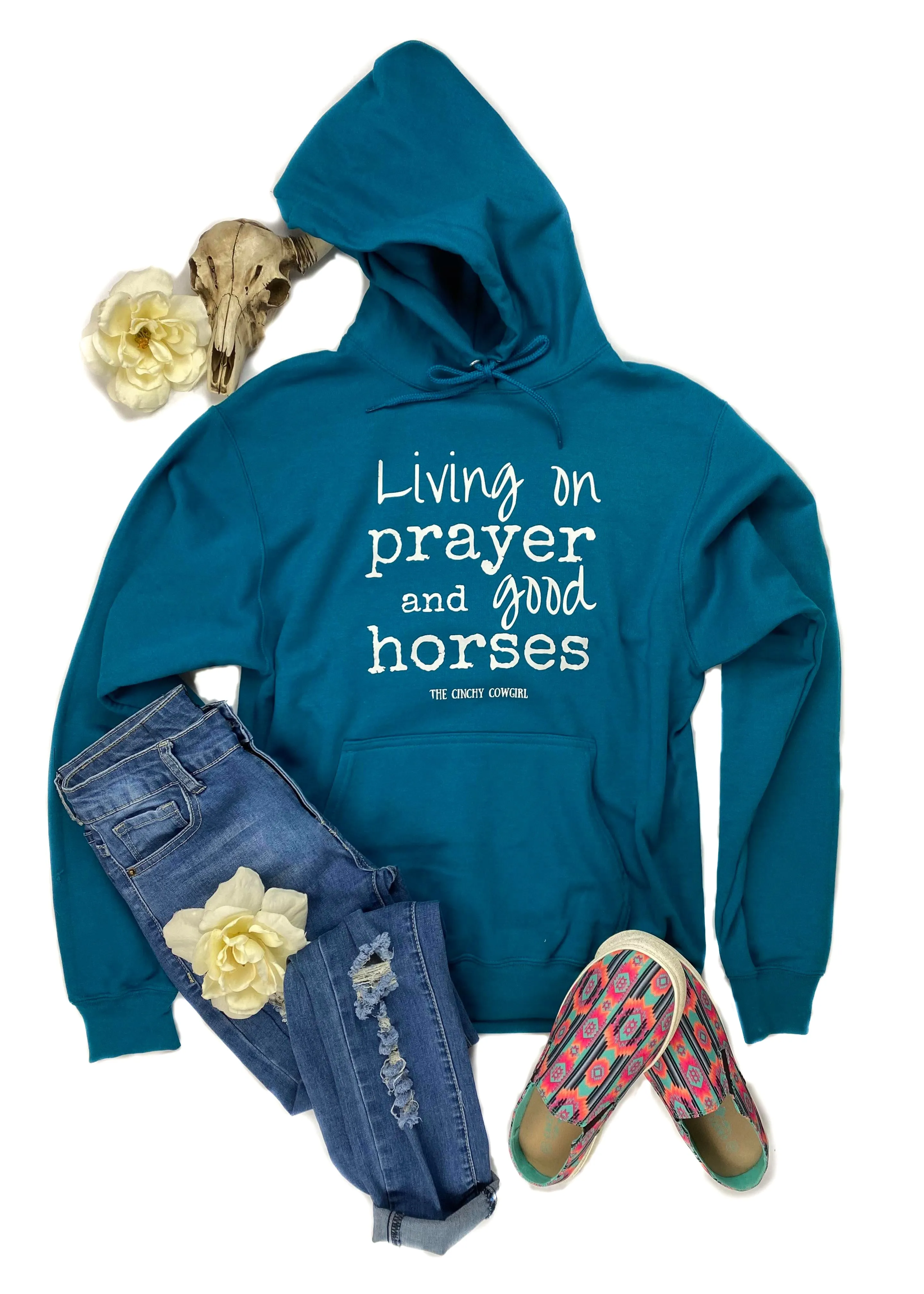 Teal Living on Prayer & Good Horses Hoodie