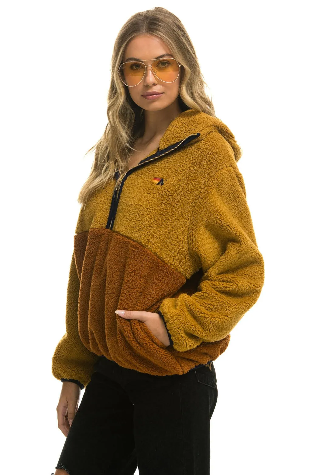 TEDDY UNISEX HOODED HALF ZIP COLOR BLOCK JACKET - HONEY