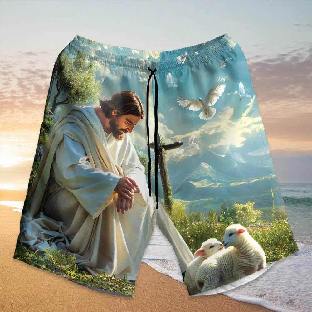 Teesdily | Customized Jesus And Lambs Hawaiian Shirt, God Is Good All The Time Hawaii Shirt, Lamb Of God Summer Aloha Set, Christ Religious Gifts