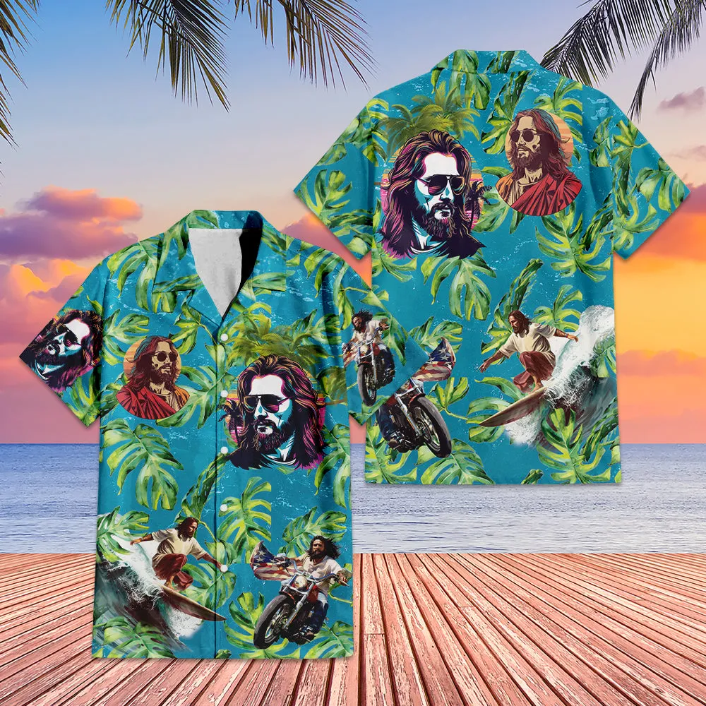 Teesdily | Jesus Surfing Hawaiian Shirt, American Flag Tropical Summer Beach Aloha Shirt, Jesus Hawaii Set For Men, Independence 4th Of July Gifts