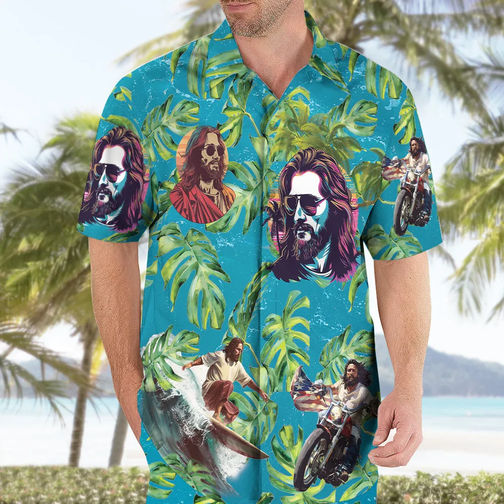 Teesdily | Jesus Surfing Hawaiian Shirt, American Flag Tropical Summer Beach Aloha Shirt, Jesus Hawaii Set For Men, Independence 4th Of July Gifts