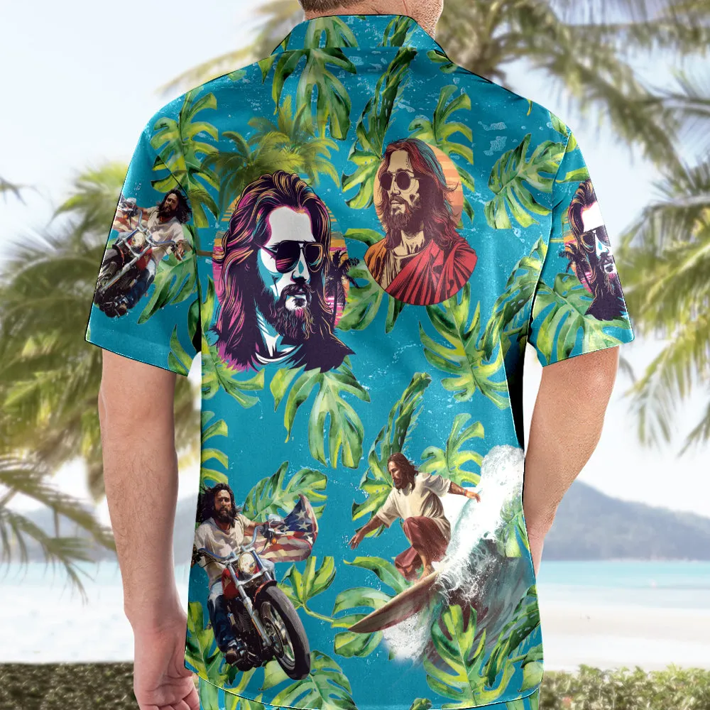 Teesdily | Jesus Surfing Hawaiian Shirt, American Flag Tropical Summer Beach Aloha Shirt, Jesus Hawaii Set For Men, Independence 4th Of July Gifts