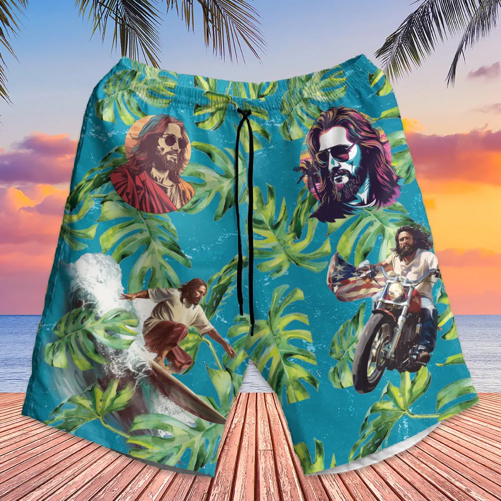 Teesdily | Jesus Surfing Hawaiian Shirt, American Flag Tropical Summer Beach Aloha Shirt, Jesus Hawaii Set For Men, Independence 4th Of July Gifts