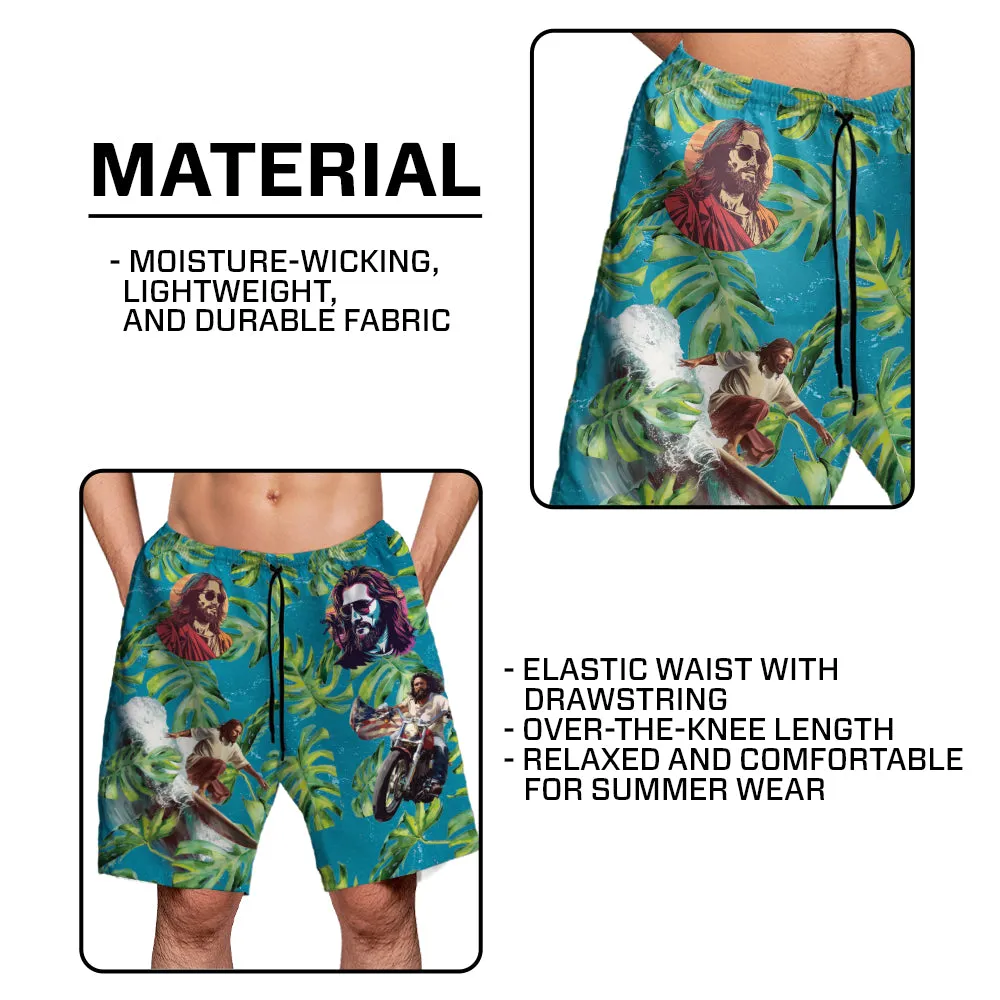 Teesdily | Jesus Surfing Hawaiian Shirt, American Flag Tropical Summer Beach Aloha Shirt, Jesus Hawaii Set For Men, Independence 4th Of July Gifts
