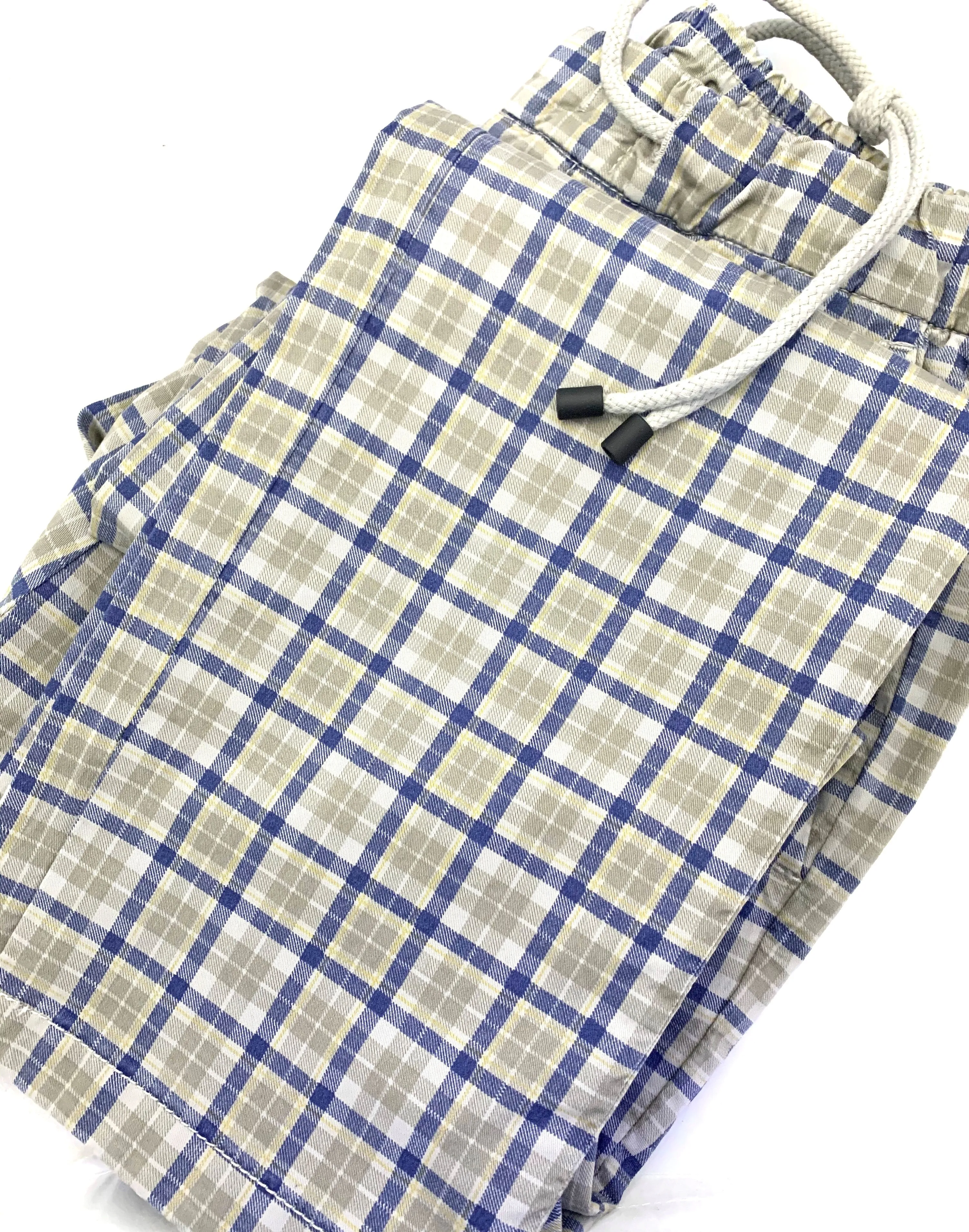 Teleria Zed Drawstring Cotton Tan & Blue Plaid Chino