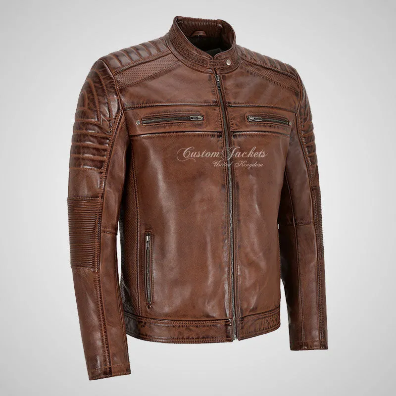 TENAC Men's Biker Leather Jacket Saddle Brown