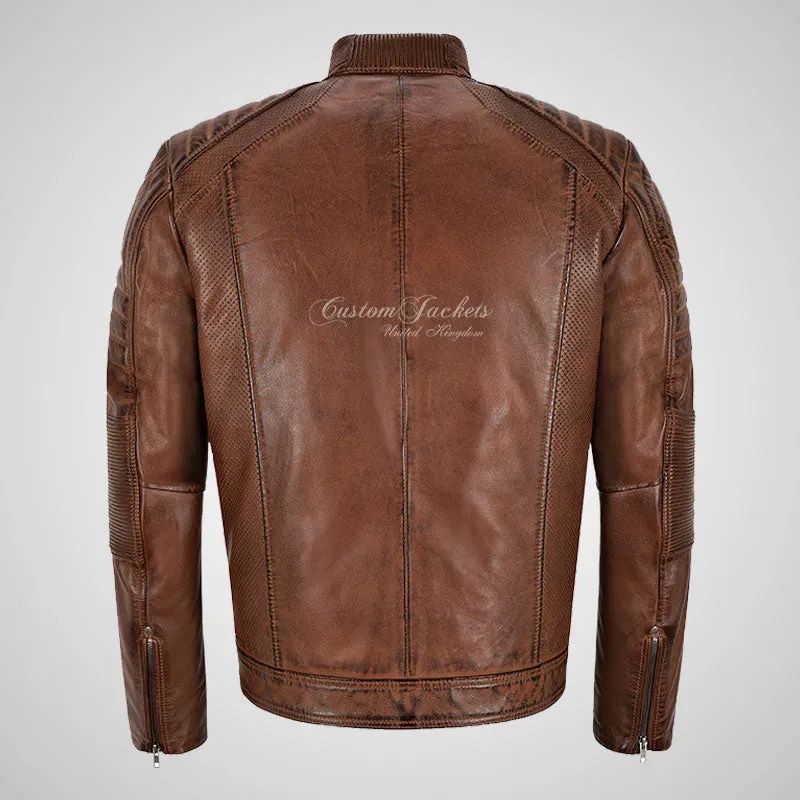 TENAC Men's Biker Leather Jacket Saddle Brown