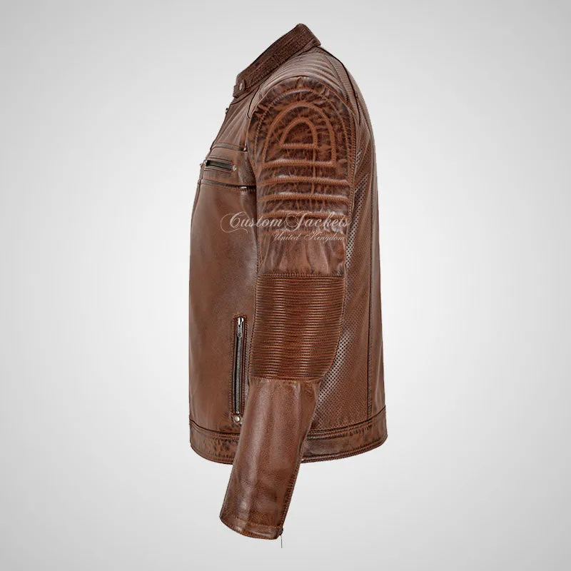 TENAC Men's Biker Leather Jacket Saddle Brown