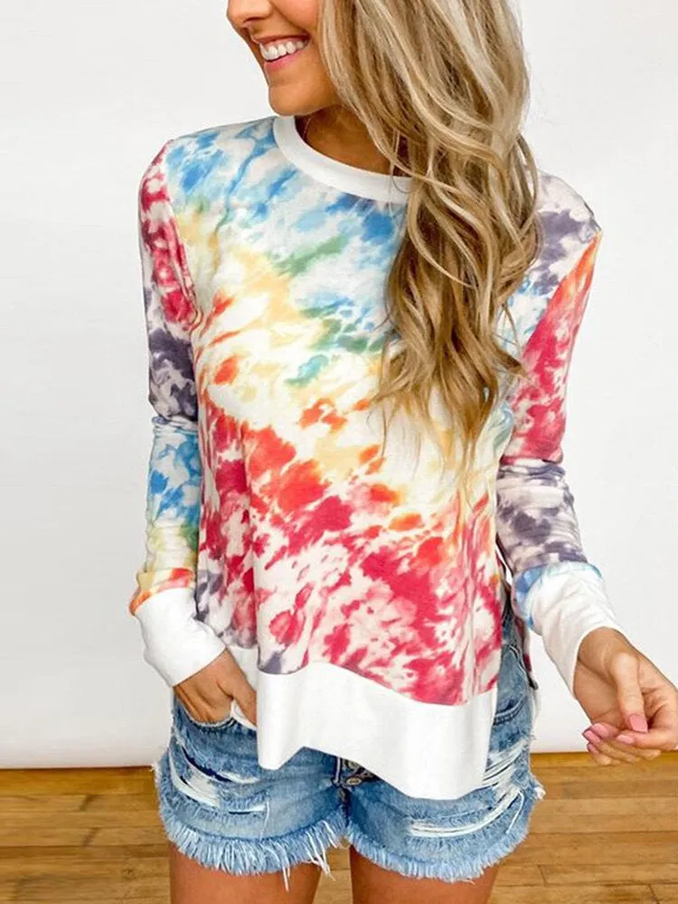 Tie-Dye Irregular Hem Long Sleeve Designer T-Shirts For Women