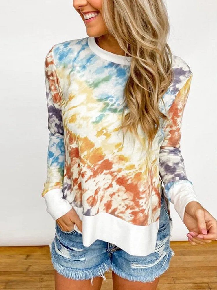 Tie-Dye Irregular Hem Long Sleeve Designer T-Shirts For Women