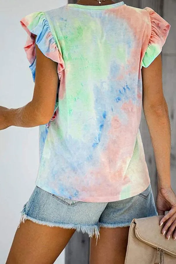 Tie Dye Ruffles Pocket Sweet T-Shirt