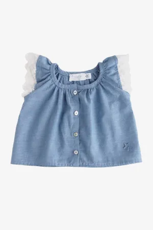 Tocoto Vintage Ruffle Trim Chambray Top (Size 9M left)