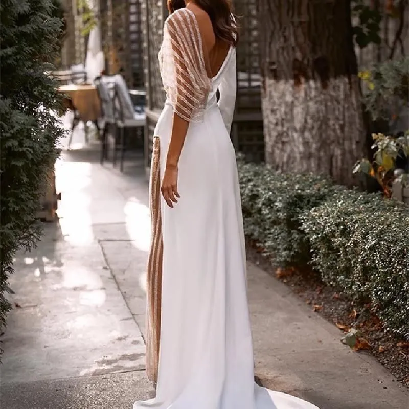 Tulle Long Sleeve Overalls V Neck Sweep Irregular Open Back Jumpsuit