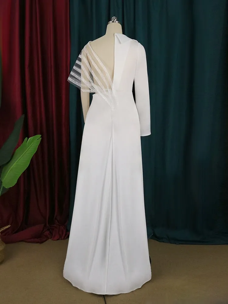 Tulle Long Sleeve Overalls V Neck Sweep Irregular Open Back Jumpsuit