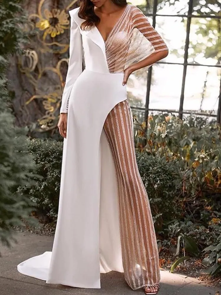 Tulle Long Sleeve Overalls V Neck Sweep Irregular Open Back Jumpsuit