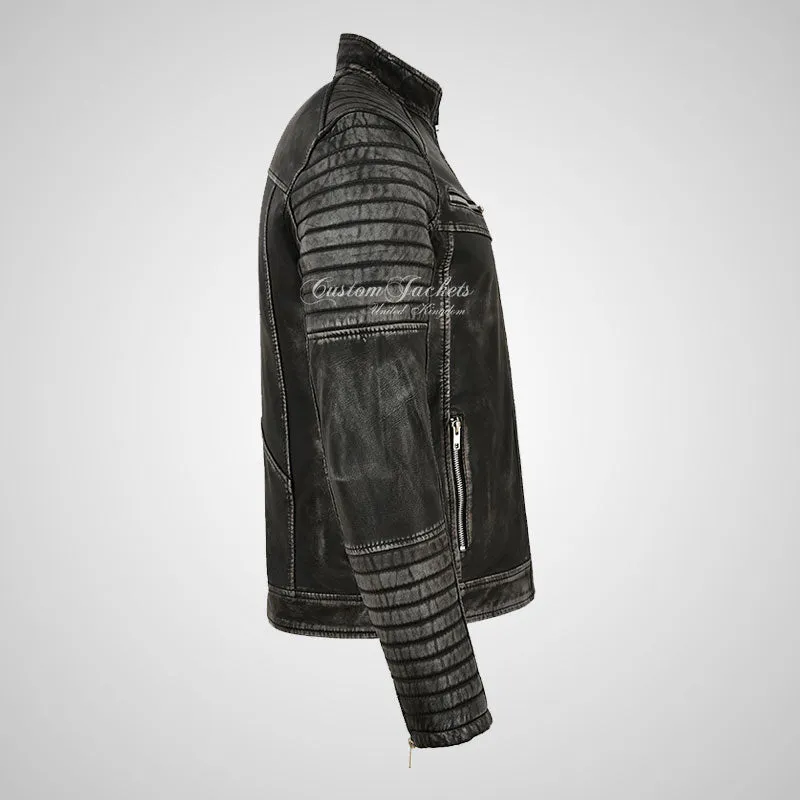 URIAH Mens Leather Biker Jacket Pre Distressed Waxed Leather