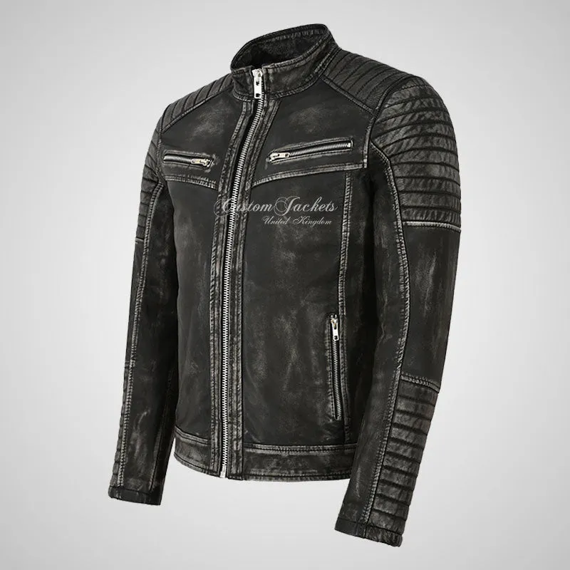 URIAH Mens Leather Biker Jacket Pre Distressed Waxed Leather