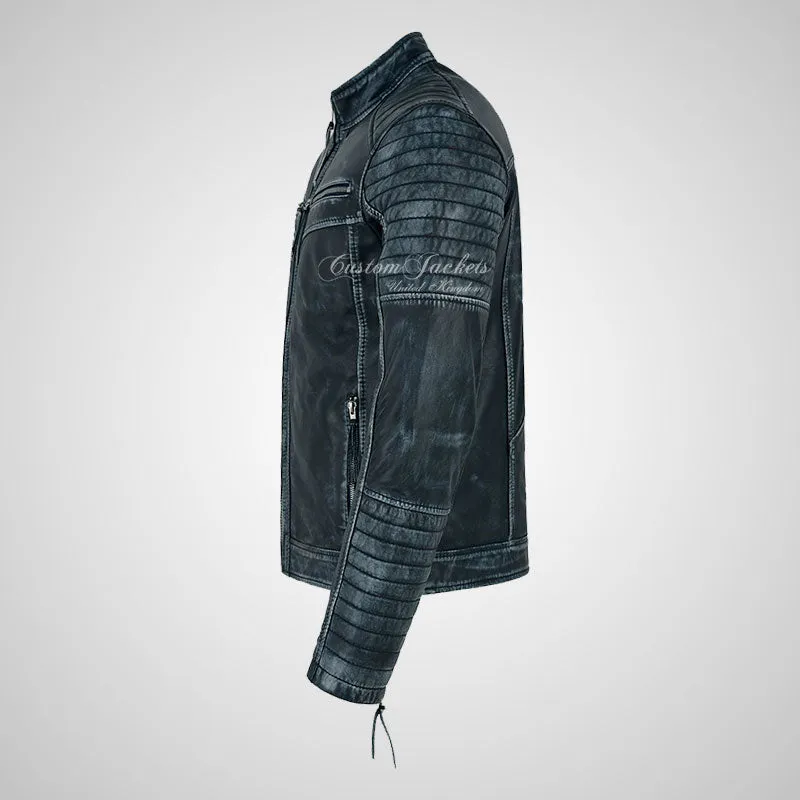 URIAH Mens Leather Biker Jacket Pre Distressed Waxed Leather