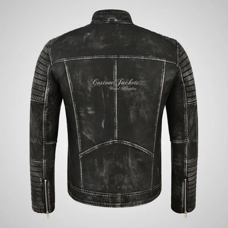 URIAH Mens Leather Biker Jacket Pre Distressed Waxed Leather