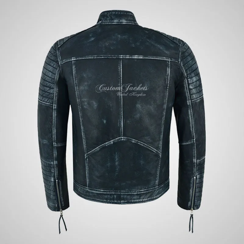 URIAH Mens Leather Biker Jacket Pre Distressed Waxed Leather