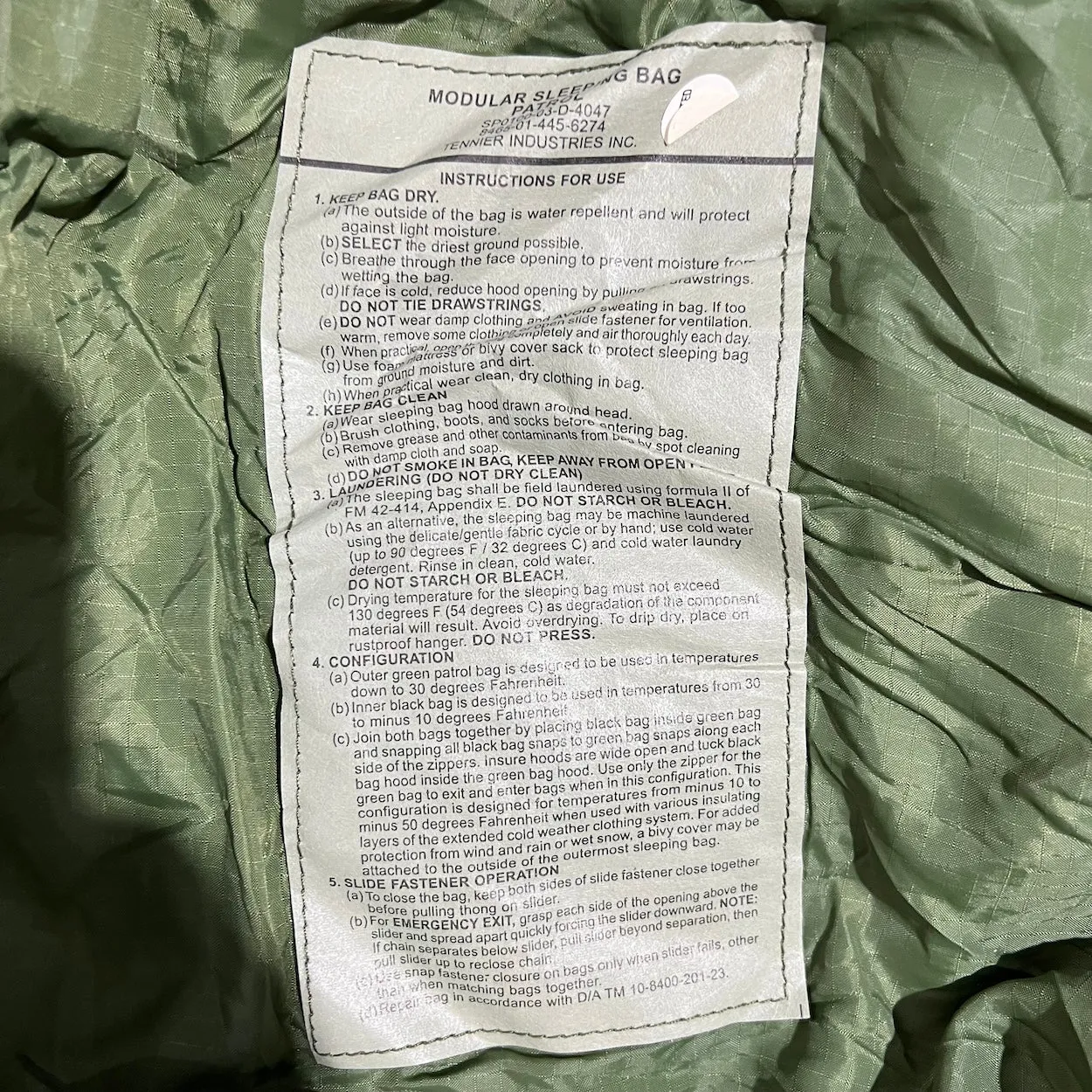 US Military Sleeping Bag GI Patrol Style In Olive Green
