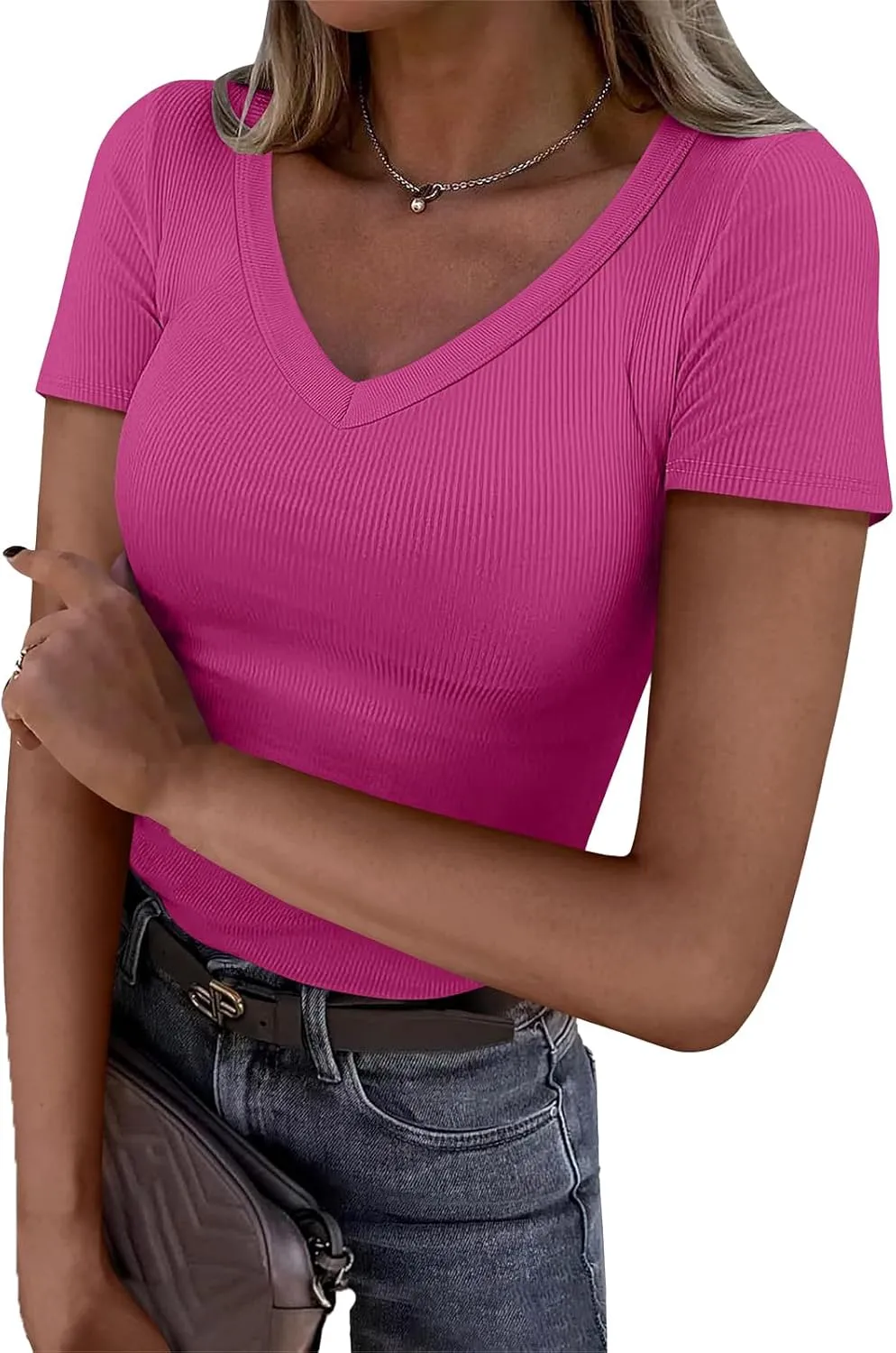 V Neck T Shirts for Women Short Sleeve Slim Fit Tops Casual Solid Color Basic T Shirts 2025 Going Out Outfits