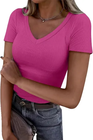 V Neck T Shirts for Women Short Sleeve Slim Fit Tops Casual Solid Color Basic T Shirts 2025 Going Out Outfits