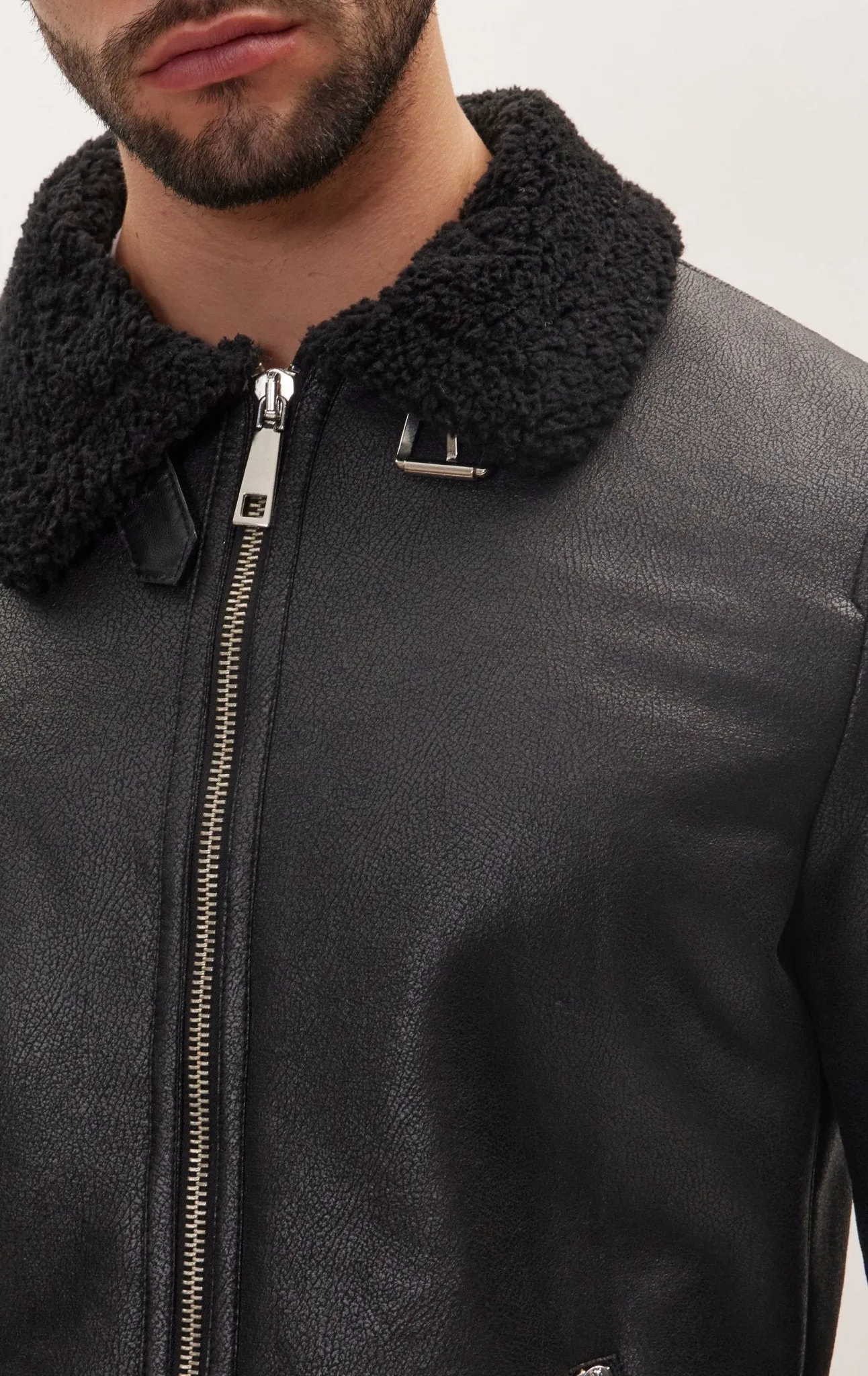 Vegan Shearling Aviator Jacket - Black