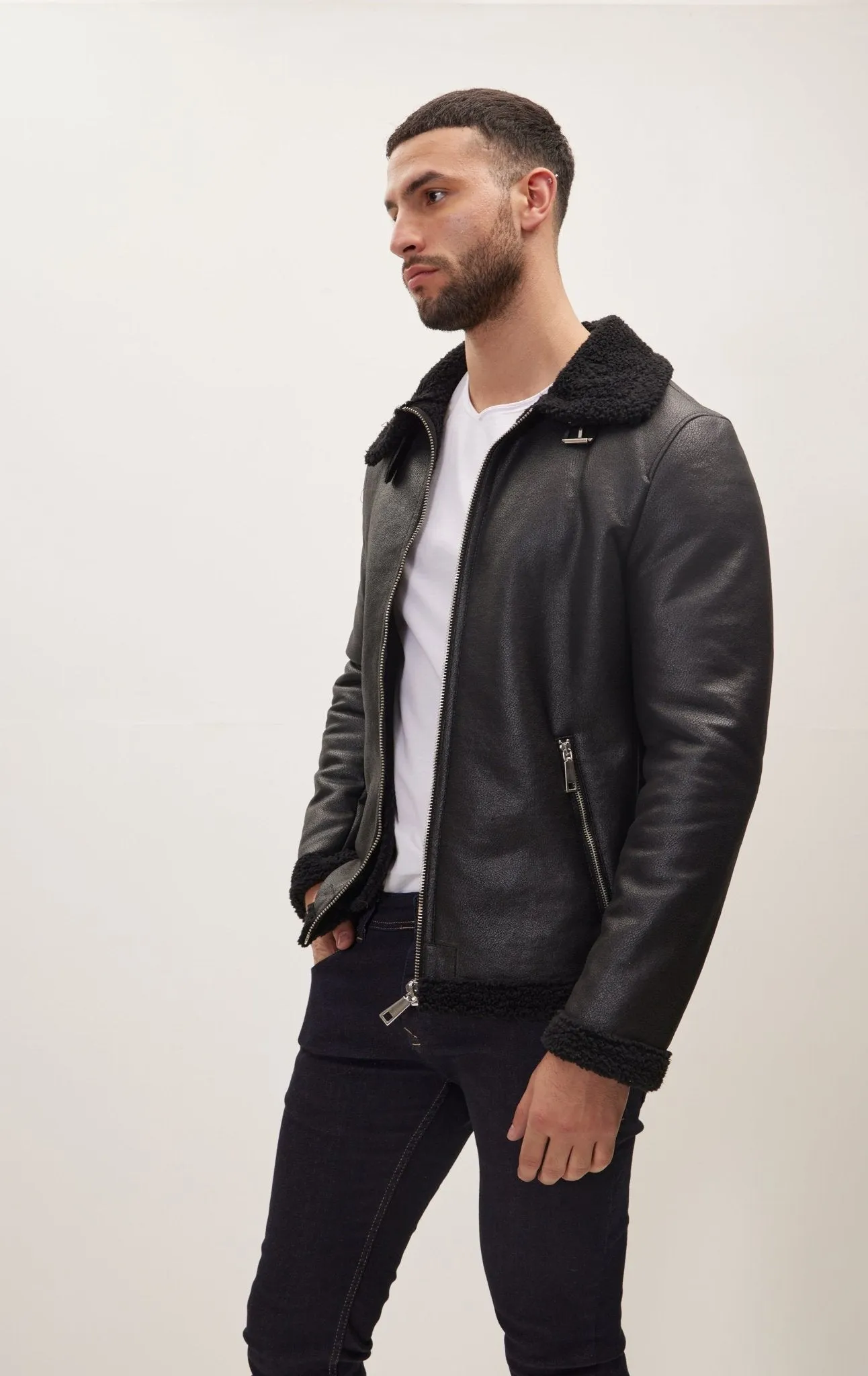 Vegan Shearling Aviator Jacket - Black