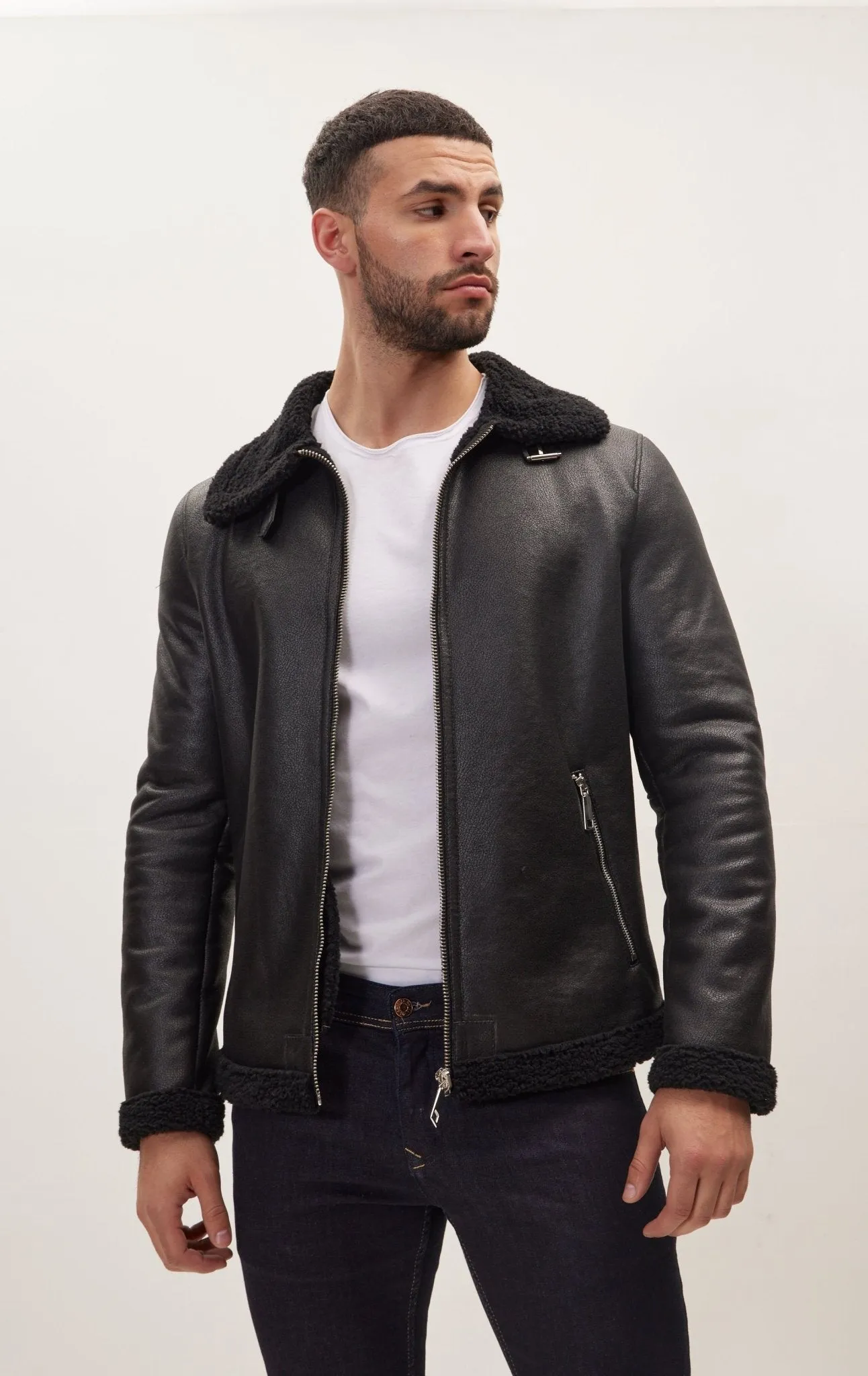 Vegan Shearling Aviator Jacket - Black