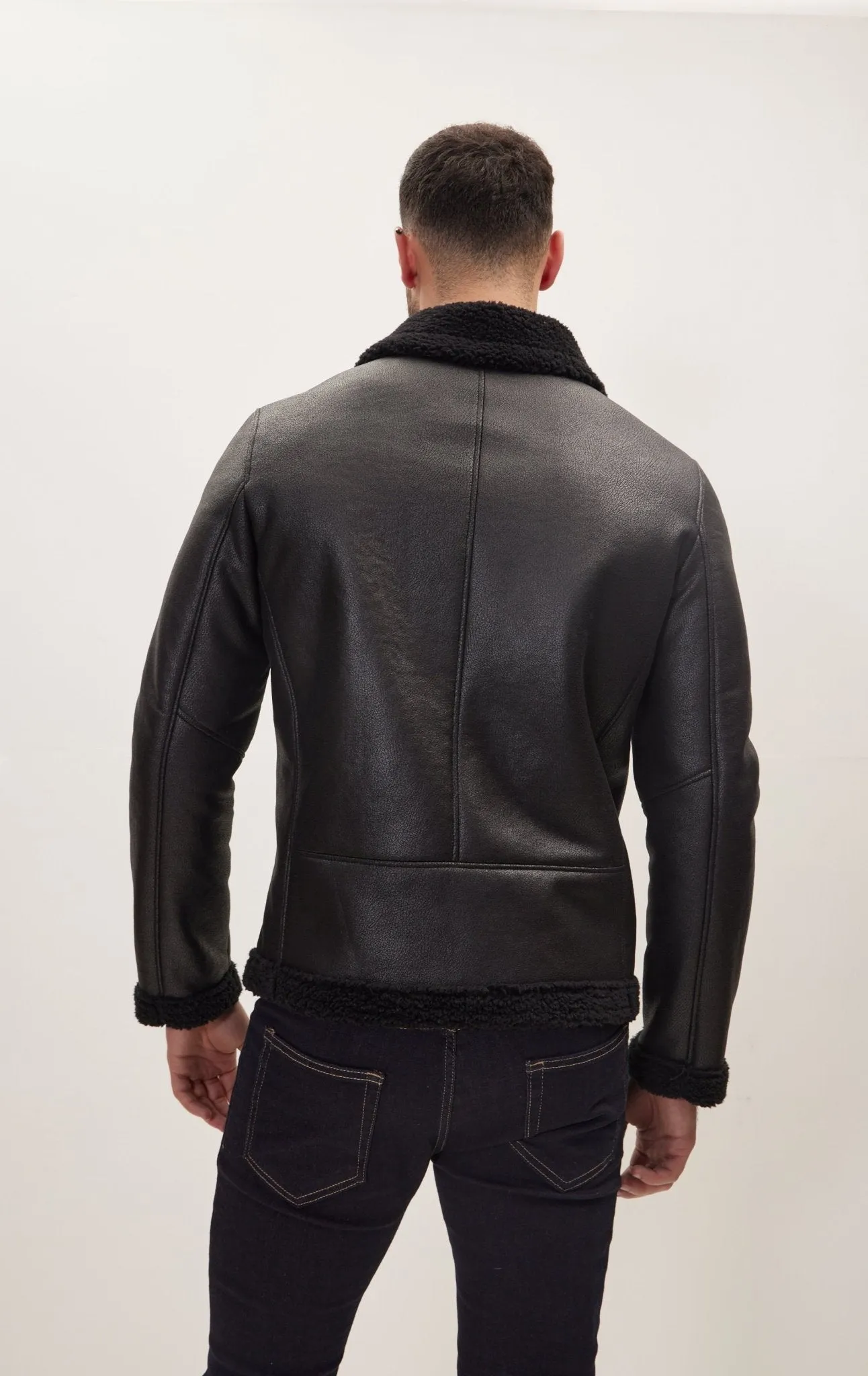 Vegan Shearling Aviator Jacket - Black