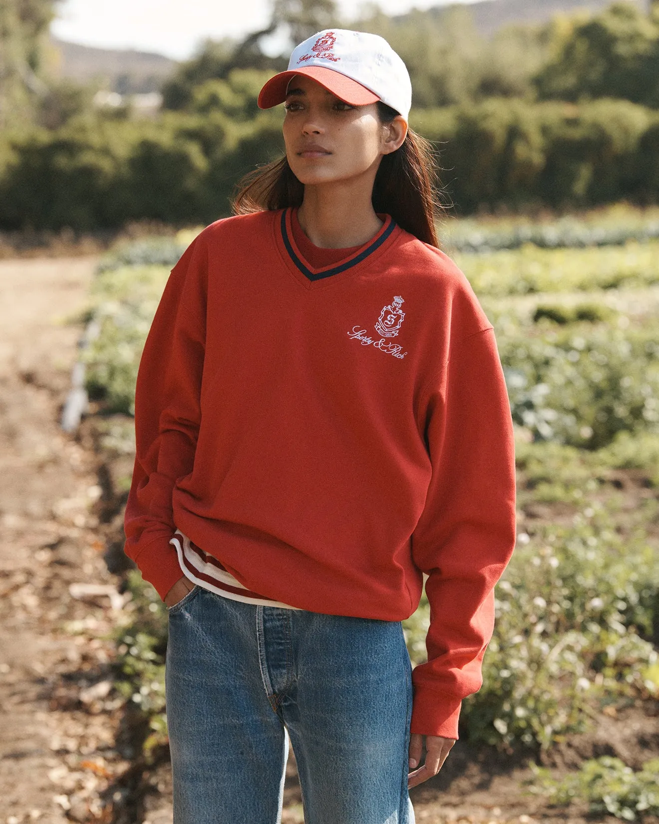 Vendome V-Neck Sweatshirt - Ruby/White