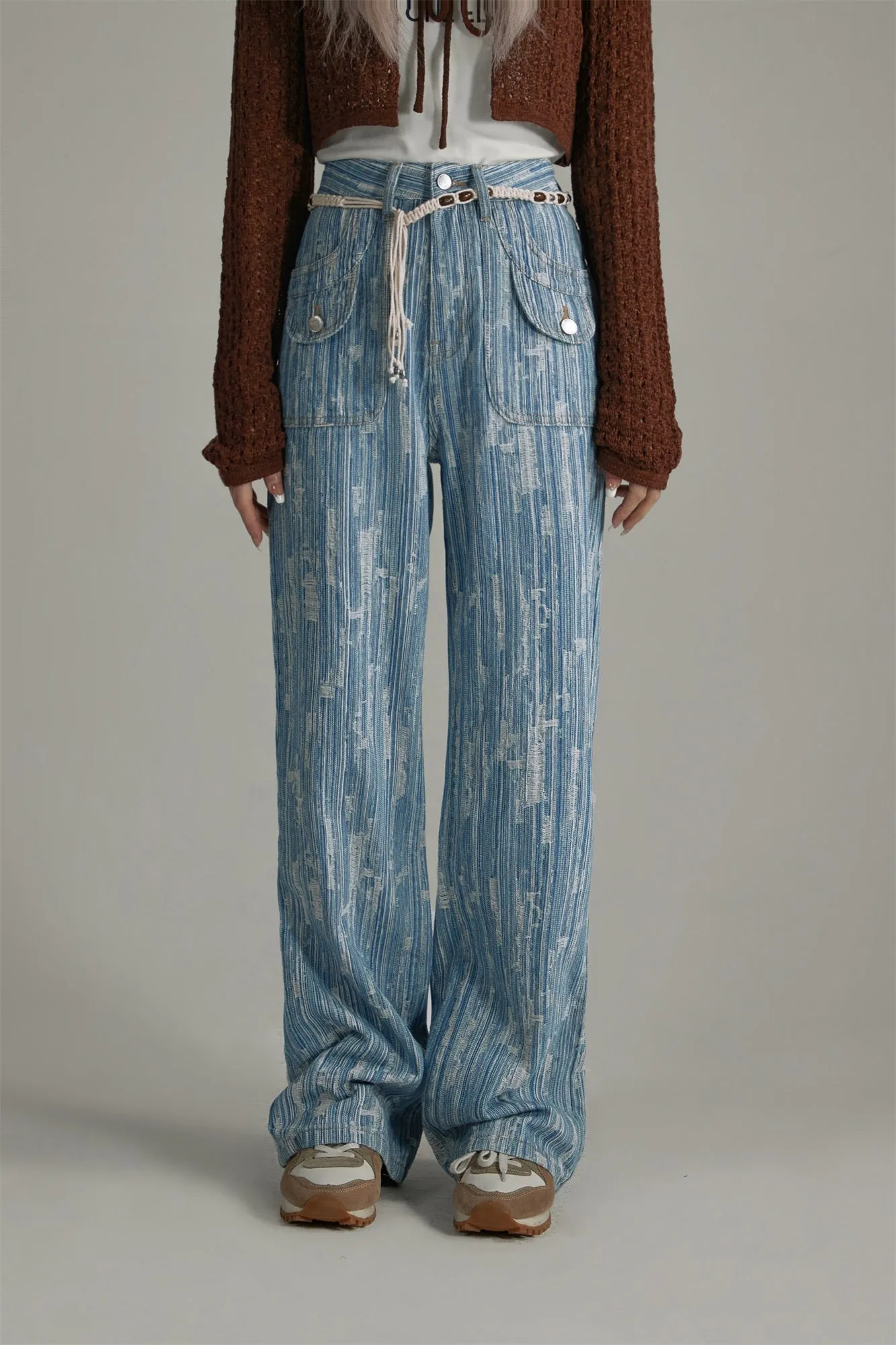 Vertical Stripes High-Waisted Straight Jeans