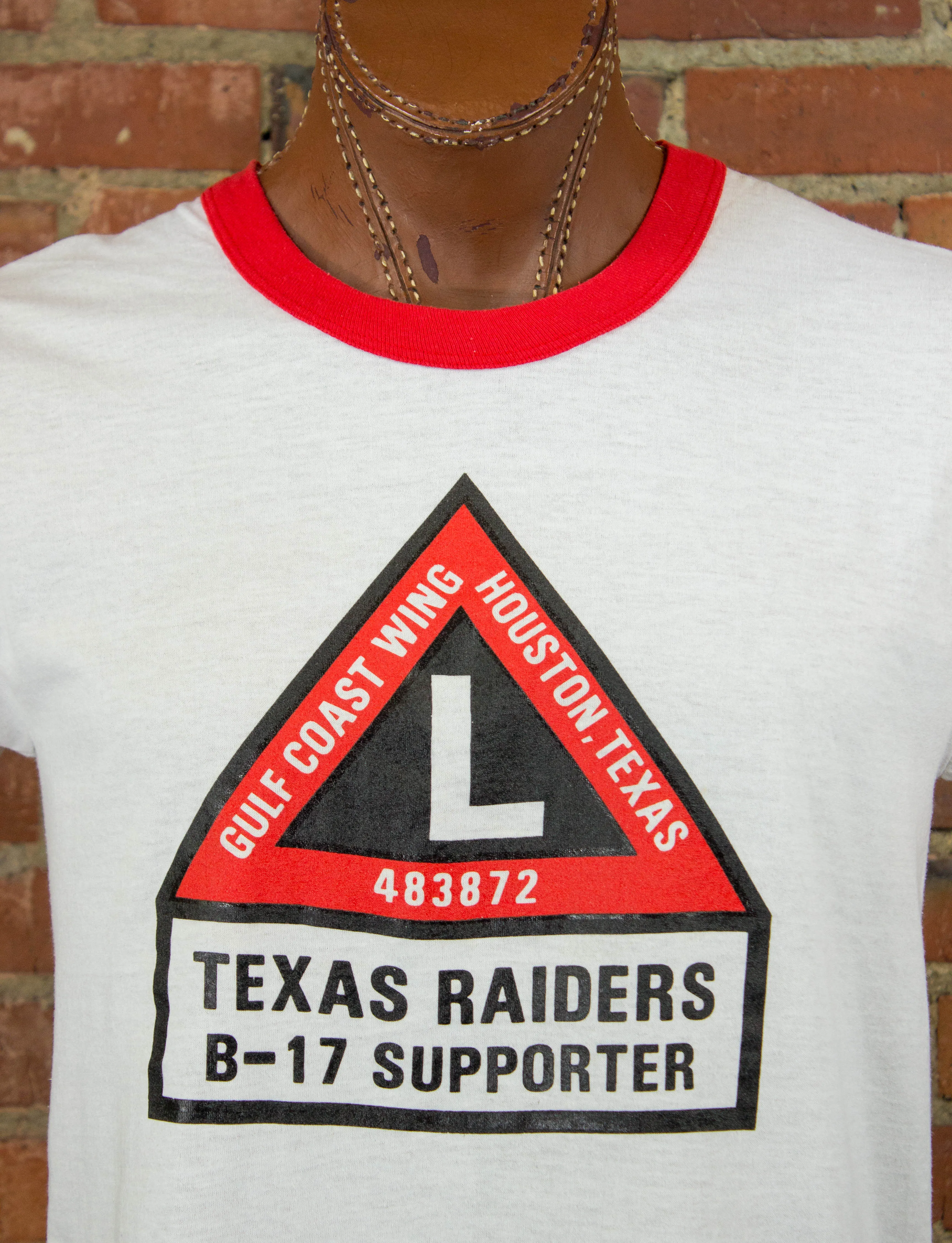 Vintage 80s Texas Raiders B-17 Supporter Gulf Coast Wing White and Red Graphic Ringer T Shirt Unisex Medium-Large