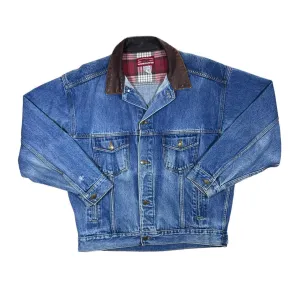 Vintage 90's MARLBORO COUNTRY STORE Brown Leather Collared Blue Denim Trucker Jacket