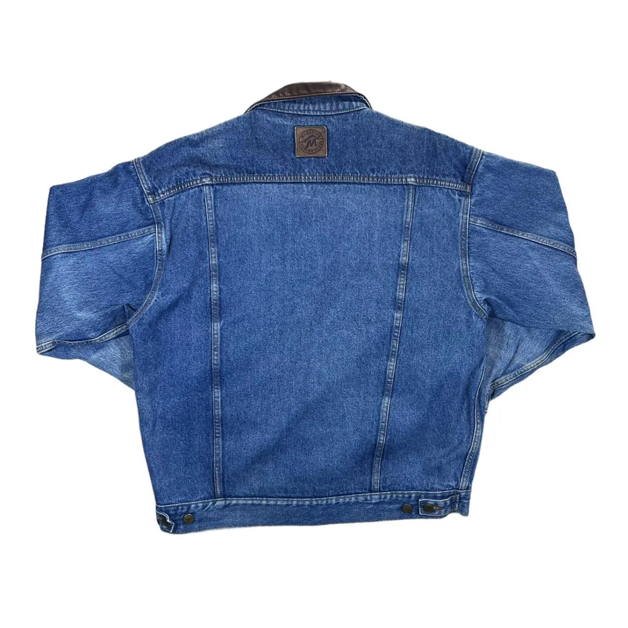 Vintage 90's MARLBORO COUNTRY STORE Brown Leather Collared Blue Denim Trucker Jacket