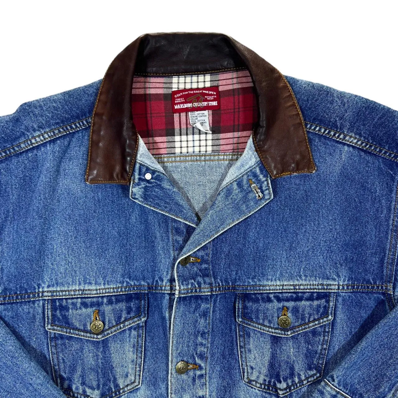 Vintage 90's MARLBORO COUNTRY STORE Brown Leather Collared Blue Denim Trucker Jacket