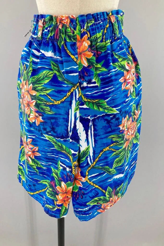 Vintage Blue Hawaiian Print Shorts