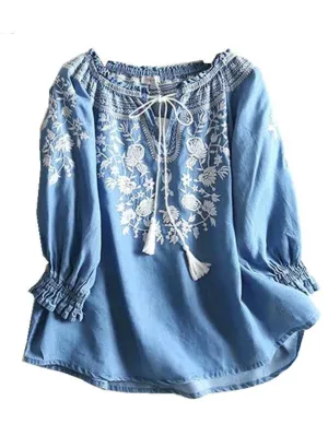 Vintage Chic Women Floral Embroidery Beach Bohemian Denim Cotton Blouse Shirt