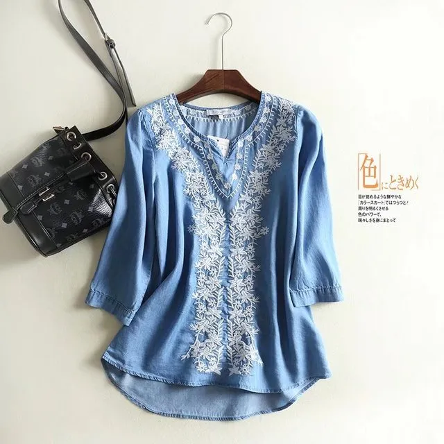 Vintage Chic Women Floral Embroidery Beach Bohemian Denim Cotton Blouse Shirt