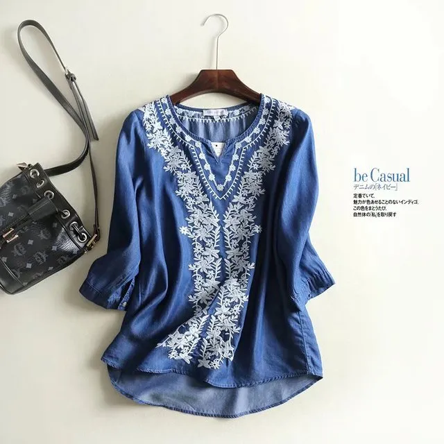 Vintage Chic Women Floral Embroidery Beach Bohemian Denim Cotton Blouse Shirt