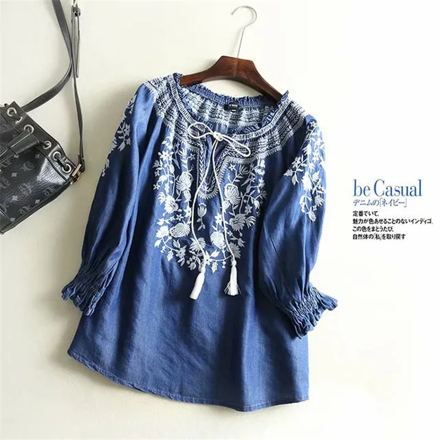 Vintage Chic Women Floral Embroidery Beach Bohemian Denim Cotton Blouse Shirt