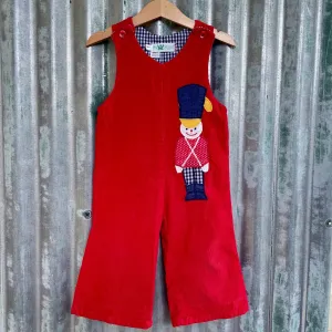 Vintage Children's Red Corduroy Overalls Applique Soldier Guard Sz 24 Months  - OOAK