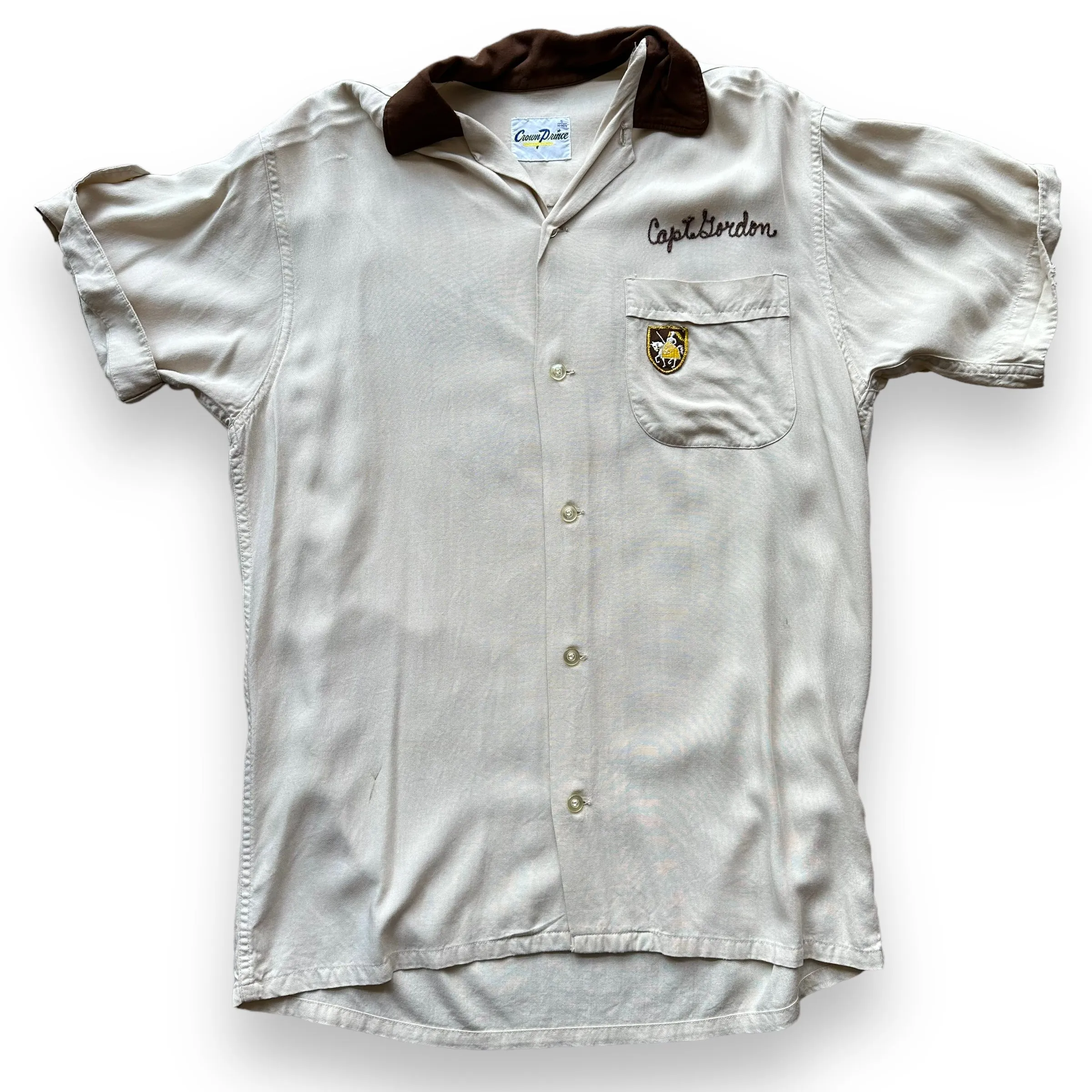Vintage Crown Prince Light Brown Chainstitched Bowling Shirt SZ S | Vintage Bowling Shirt Seattle | Barn Owl Vintage Seattle