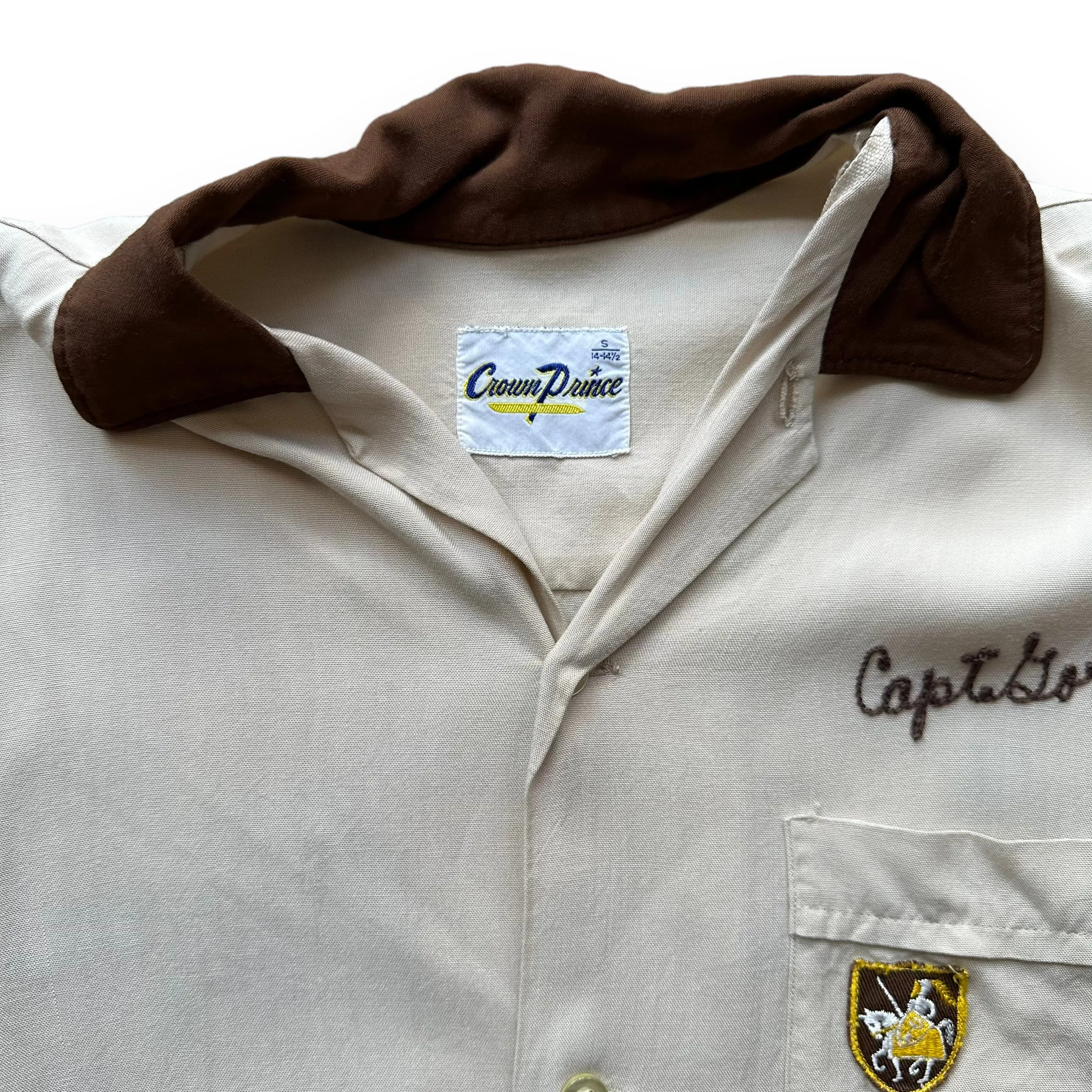 Vintage Crown Prince Light Brown Chainstitched Bowling Shirt SZ S | Vintage Bowling Shirt Seattle | Barn Owl Vintage Seattle
