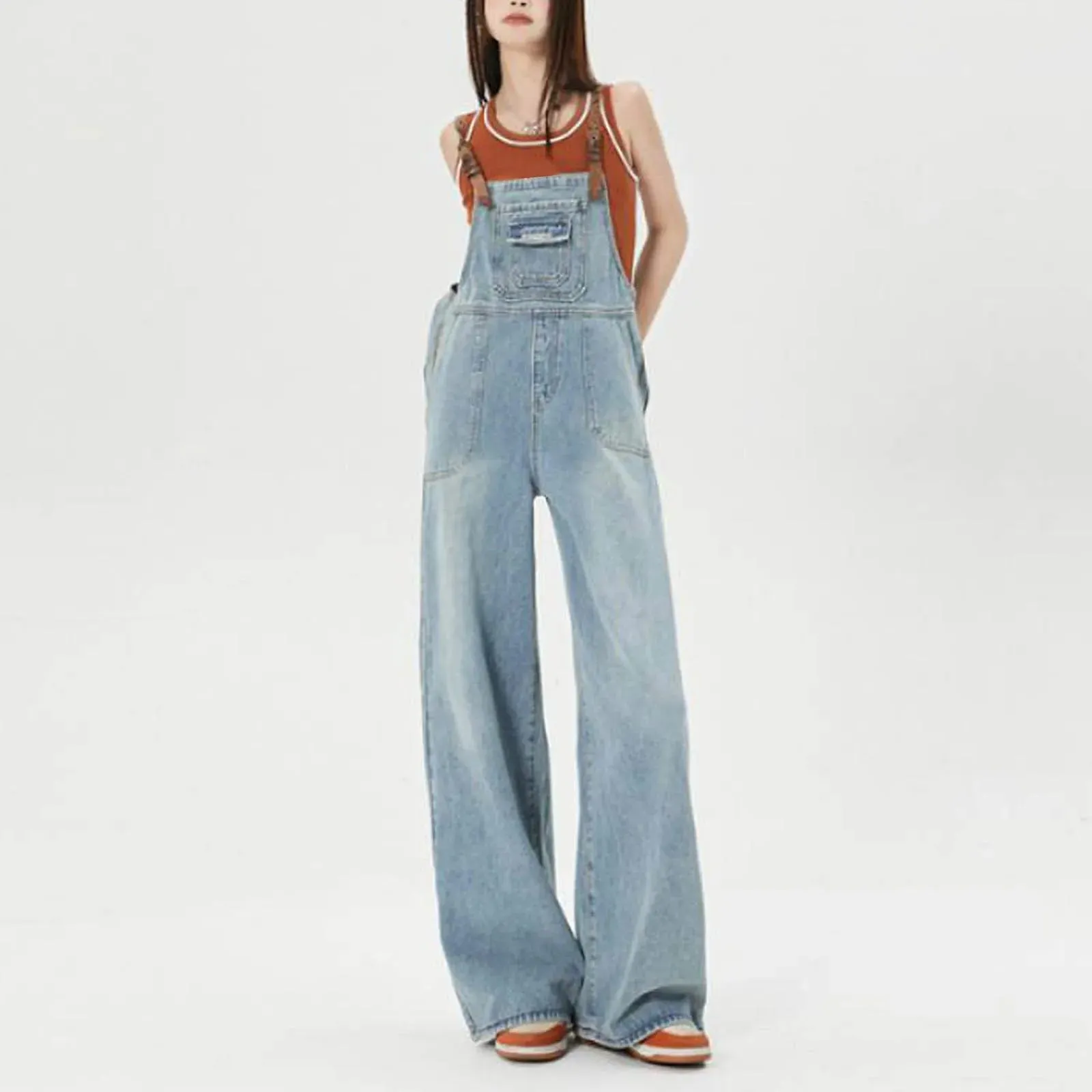Vintage Denim Leather Strap Overalls