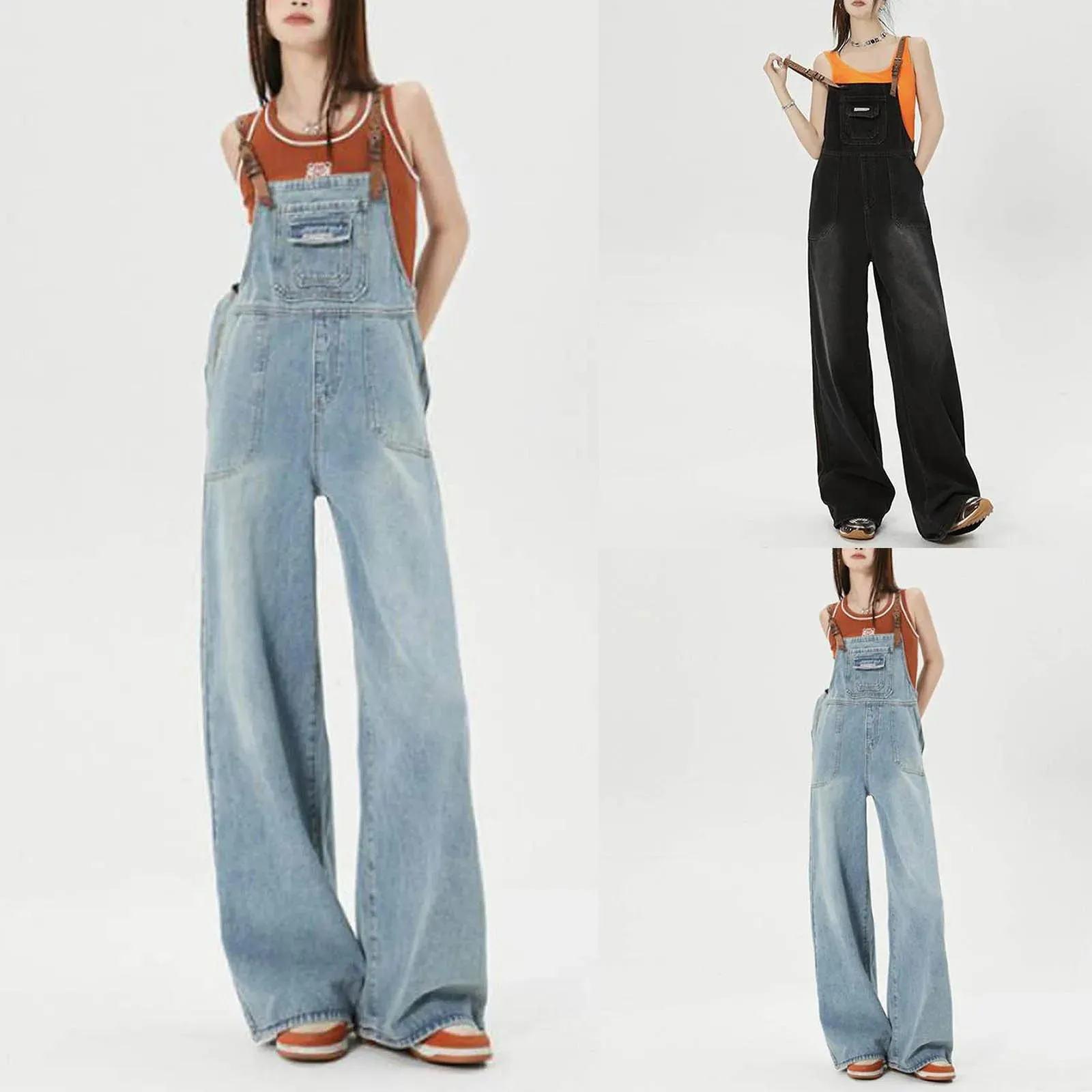 Vintage Denim Leather Strap Overalls