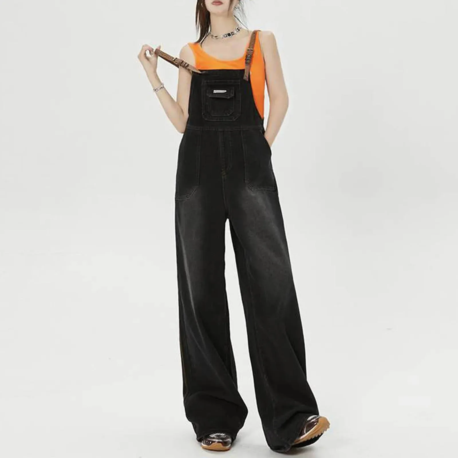 Vintage Denim Leather Strap Overalls