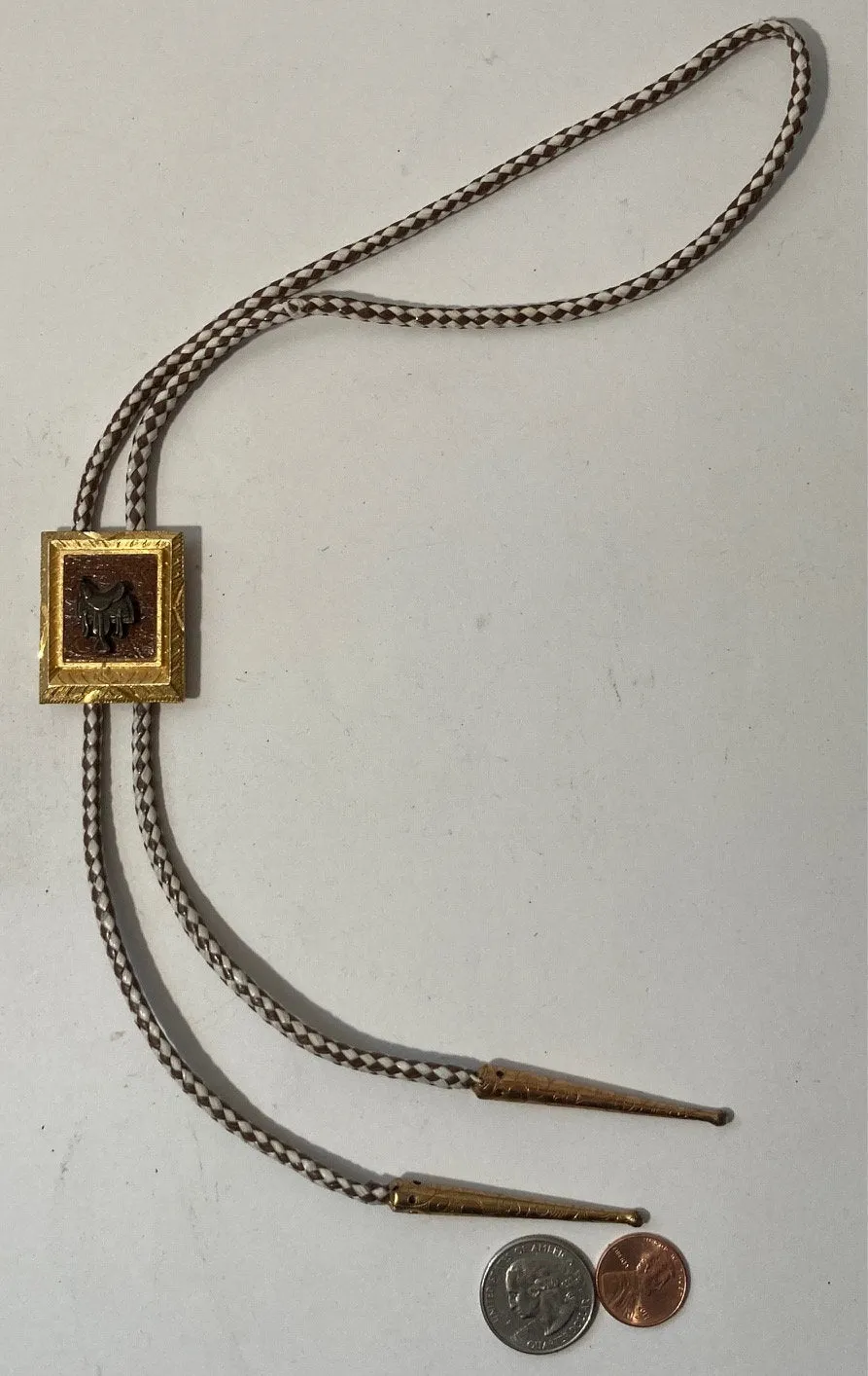 Vintage Metal Bolo Tie, Nice Brass with Horse Saddle Design, Nice Western Design, 1 1/2" x 1 1/4", Quality, Heavy Duty, Made in USA